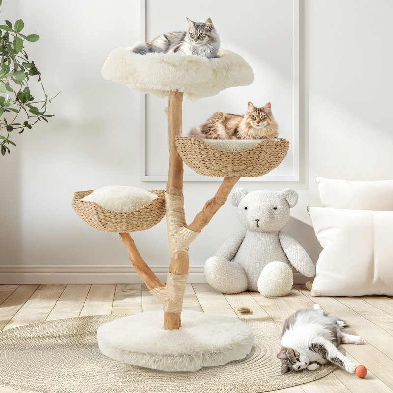 Natural Wood Cat Tower With Hand woven Baskets And Scratching Post Cute Cat Tree For Indoor Cats White